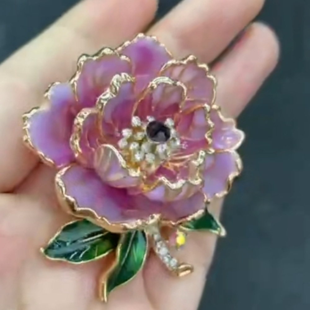 Large Size Gold Trimmed Pink And Green Floral Brooch